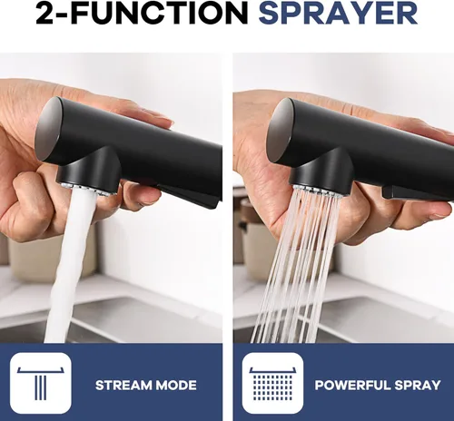 Miniatura 8 de Grifo de cocina negro con pulverizador, grifo de fregadero de cocina negro con rociador extraíble, moderno grifo de fregadero de barra de acero