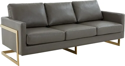 Miniatura 9 de LeisureMod Lincoln - Sofá de cuero moderno de mediados de siglo de 83 pulgadas, sofá tapizado de 3 asientos con marco de metal dorado, muebles