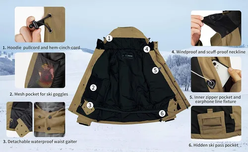 Miniatura 5 de Actleis Chaqueta de snowboard impermeable para hombre, abrigo de nieve cálido a prueba de viento con capucha