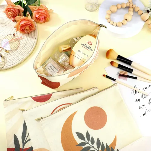 Miniatura 3 de Kajaia 12 bolsas de maquillaje bohemias a granel arco iris, sol, luz de luna, bolsa de cosméticos de lona, bonitas bolsas grandes con cremallera