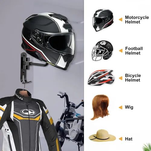 Miniatura 5 de Soporte para Casco de Motocicleta (Paquete de 2) de Montaje en Pared, Perchero para Casco con Rotación de 180° con Gancho Doble para Casco
