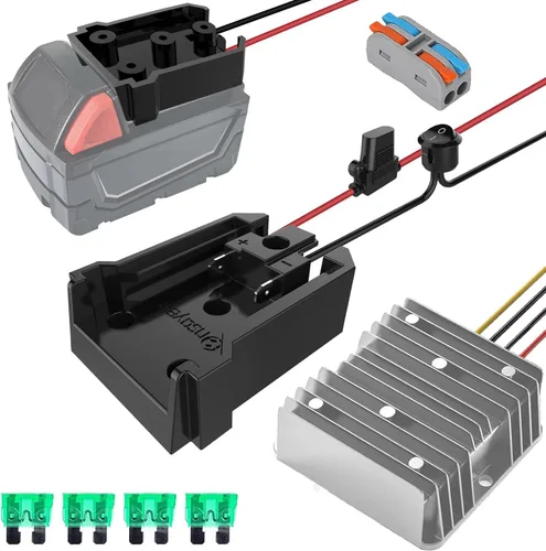 Convertidor de corriente CC y adaptador de rueda de alimentación con fusible e interruptor para batería Milwaukee de 18 V, CC reductor de 18 V a 12
