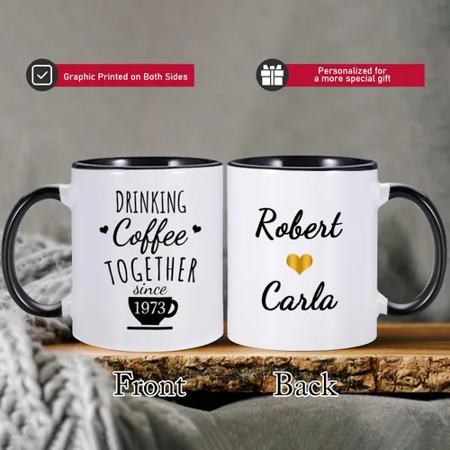 Miniatura 3 de Regalo de boda del 50 aniversario para padres – Beber café juntos desde 1973 taza de café personalizada con nombre de pareja y año de boda, regalos