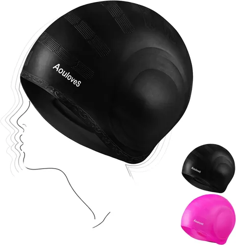 Miniatura 6 de Paquete de 2 gorros de natación unisex con protección 3D para los oídos, gorras de natación de silicona duraderas para mujeres, hombres, adultos