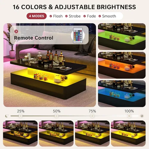 Miniatura 3 de oneinmil Mesa de centro LED moderna, mesas de sala de estar de 40 pulgadas con luces LED de 16 colores, diseño de doble capa, elegantes mesas