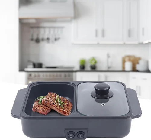 Miniatura 6 de Olla Caliente con Parrilla, Olla Caliente Eléctrica y Sartén, Olla Shabu Shabu con Parrilla, Olla Shabu Shabu Antiadherente y Plancha 2 en 1