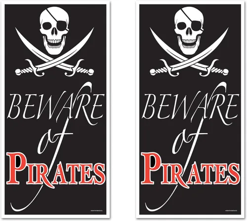 Beistle Cubierta de puerta Beware of Pirates – Paquete de 2 pancartas de plástico de Halloween con calavera pirata y espadas, decoraciones de fiesta