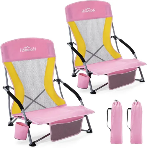 Miniatura 16 de Homcosan Silla de playa portátil baja plegable con paraguas desmontable, silla de campamento ligera para adultos con portavasos y bolsillo