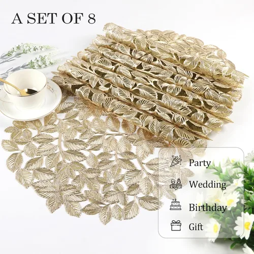 Miniatura 6 de Evevda Manteles Individuales de Hoja Metálica Dorada Calados Redondos de Vinilo Juego de 8 para Fiestas de Vacaciones Aniversario Navidad