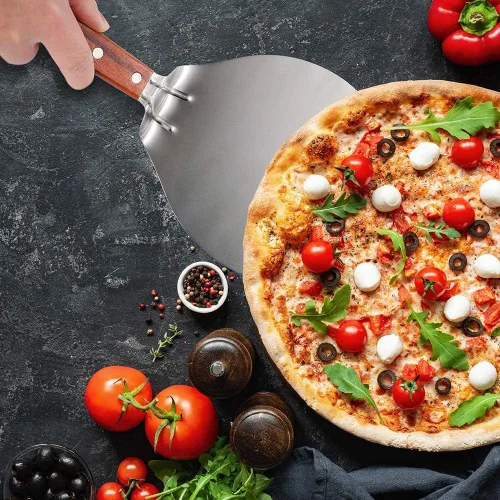 Miniatura 9 de IUAQDP Espátula de pizza de acero inoxidable, pala de cáscara, elevador de pasteles, mango de madera, soporte para placa de hornear, pizza casera