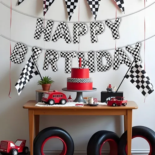 Miniatura 2 de Decoraciones de fiesta de cumpleaños de coche de carreras, pancarta de globos de feliz cumpleaños a cuadros en blanco y negro