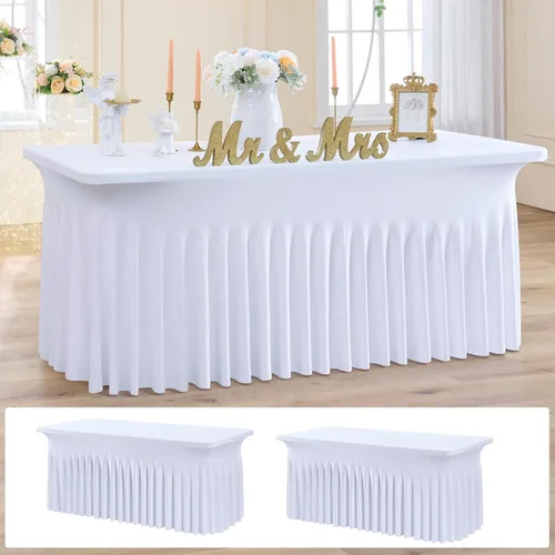 Miniatura 66 de Paquete de 2 manteles de elastano azul bebé de 6 pies con falda de mesa con volantes, manteles ajustables elásticos sin arrugas para mesas
