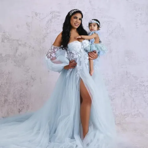 Miniatura 5 de FONGYUSHUN Vestido de maternidad de tul con apliques para sesión de fotos, manga larga hinchada, lencería nupcial, vestido de embarazo, vestido