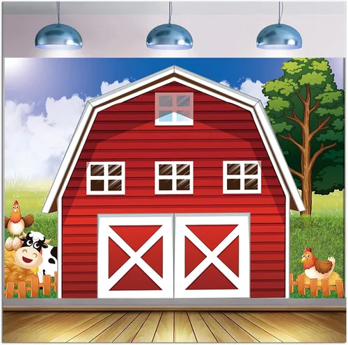 Miniatura 8 de Telón de fondo de fotografía de granja de dibujos animados de 7 x 5 pies, animales rústicos, granero rojo, fondo de fotos para niños, decoración