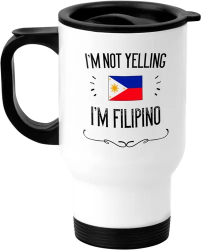Taza de viaje de 14 onzas con texto en inglés "I'm Not Yelling I'm Filipino" (14 onzas) de recuerdo del orgullo del orgullo y regalos del orgullo,