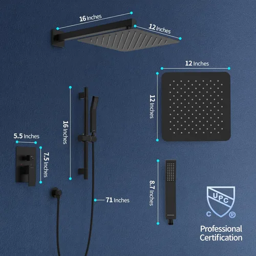 Miniatura 5 de SR SUN RISE Grifo de ducha de barra deslizante de 12 pulgadas, cabezales de ducha de alta presión de lujo y rociador de mano, sistema de ducha Negro