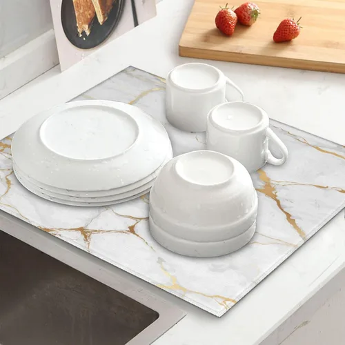 Miniatura 8 de Tapete de secado de platos de mármol blanco dorado para encimera de cocina, absorbente de 16 x 18 pulgadas, placa de microfibra de vidrio