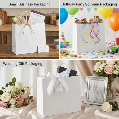 Miniatura 3 de PAICUIKE 50 bolsas de papel blanco con asas, grandes bolsas de compras de papel kraft de 11 x 6 x 11 pulgadas para venta al por menor, embalaje