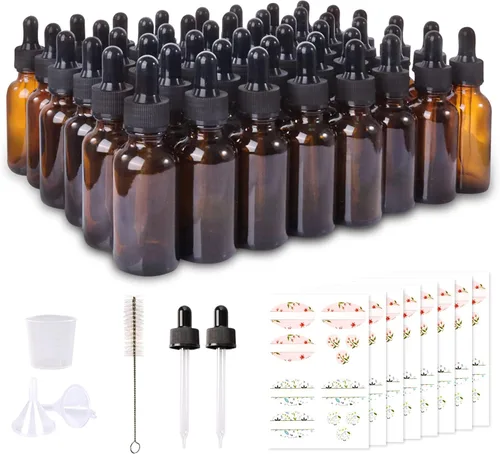 Paquete de 48 botellas de vidrio ámbar de 1 onza con cuentagotas de vidrio para aceites esenciales, perfumes y productos químicos de laboratorio