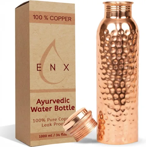 ENX Botella de agua de cobre puro de alta calidad, 34 onzas (33.8 fl oz), botella de cobre ayurvédico martillado hecho a mano, a prueba de fugas y
