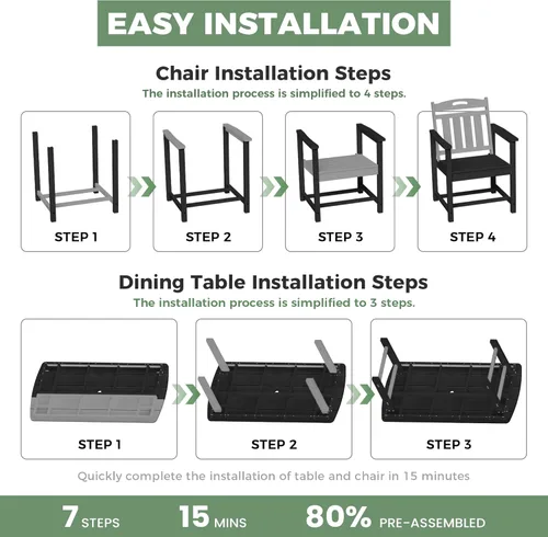 Miniatura 9 de HDPE - Juego de comedor al aire libre, mesa y sillas de patio, mesa exterior de 7 piezas y 6 sillas, agujero para sombrilla de 2 pulgadas, muebles