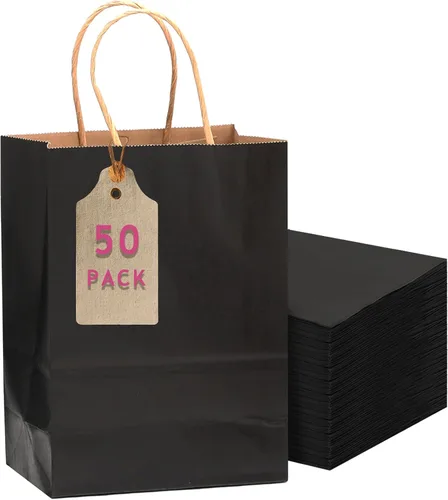 qiqee Paquete de 50 bolsas de regalo de papel negro con asas a granel 11"x8.3"x4.3" bolsas de papel de tamaño mediano, múltiples usos