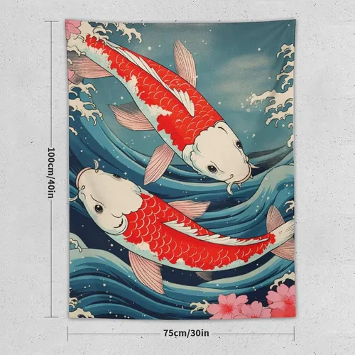Miniatura 2 de QEOPGNE Tapiz de pared grande con diseño de pez Koi, grandes olas japonesas, flores de cerezo, banderas retro para habitación, sala de estar
