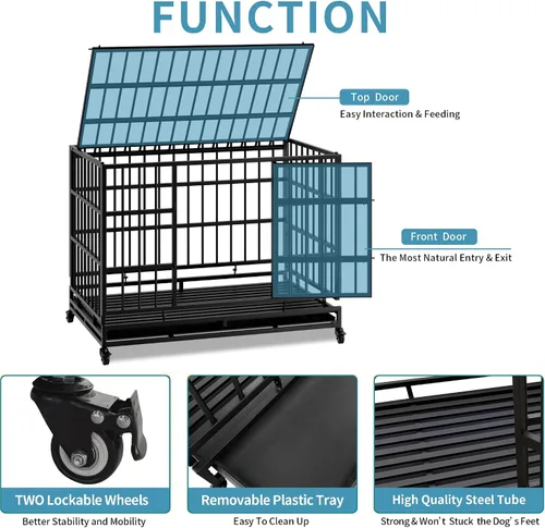 Miniatura 3 de Jaula plegable indestructible para perros con ruedas, jaula de metal resistente a prueba de escapes de 48 pulgadas para perros grandes y medianos