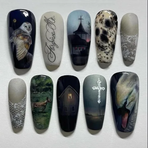 Miniatura 21 de MISUD Uñas Postizas - Uñas Largas Forma Ataúd con Pegamento en Negro Gótico, Diseño Acrílico Gótico de Rosa 24 piezas