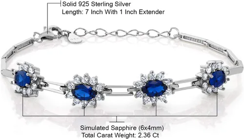 Miniatura 5 de Gem Stone King Pulsera de tenis de plata de ley 925 con zafiro simulado para mujer (2.36 quilates, 7 pulgadas con extensor de 1 pulgada), Metal