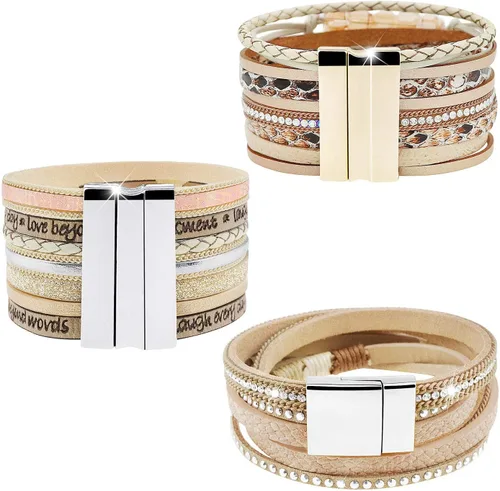 Miniatura 5 de Leather Wrap Bracelet Set 3Pack Wrist Cuff Bracelet for Women Multilayer Magnetic Clasp Bracelet Feather Tree Bead Crystal Bracelet