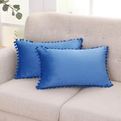 Miniatura 64 de Deconovo Juego de 2 fundas de almohada de terciopelo, 26 x 26 pulgadas, color azul, suaves pompones cuadrados con funda de cremallera oculta