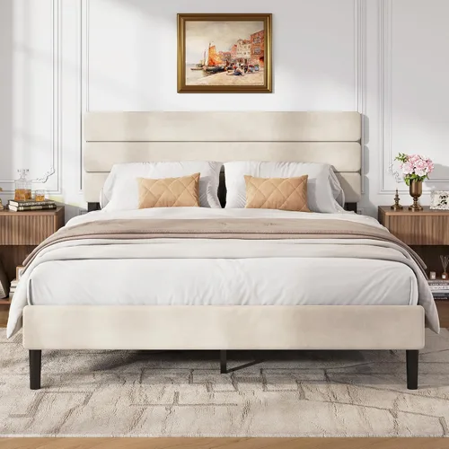 Miniatura 23 de WLIVE Base de cama tapizada, marcos de cama individual con cabecero, cama de plataforma con listones de madera, base de colchón de 600 libras,
