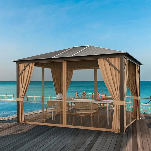Miniatura 8 de Tangkula Gazebo de techo rígido de 12 x 10 pies, cenador de doble parte superior para exteriores con parte superior de acero galvanizado, marco