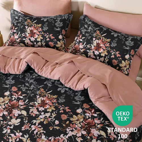 Miniatura 3 de Juego de edredón tamaño Queen, 7 piezas, juego de edredón floral negro y rosa, juego de ropa de cama en una bolsa tamaño Queen con patrón de flores