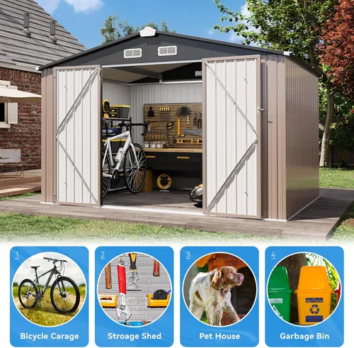 Miniatura 4 de Aoxun Cobertizo de almacenamiento para exteriores de 8 x 6 pies, cobertizo de metal con puertas bloqueables y rejillas de ventilación, cobertizo