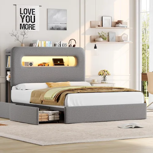Miniatura 8 de HOSTACK Marco de Cama LED Full con Cabecera de Almacenamiento y Estación de Carga, Marco de Cama para Niños con 2 Cajones y Puertos USB, Marco