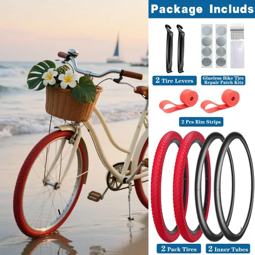 Miniatura 2 de Paquete de 2 neumáticos y tubos de bicicleta Cuiser de playa, 26 pulgadas, 24 x 2.125 pulgadas, 26 neumáticos de bicicleta de playa, rojo o azul