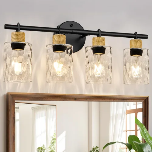 Miniatura 12 de MOKATNG Juego de 2 apliques de pared para baño, luces de tocador modernas costeras con pantalla de cristal, lámpara de pared negra para espejo