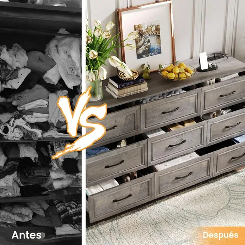 Miniatura 7 de Fameill - Cómoda para dormitorio, organizador de 9 cajones con estación de carga, cómoda alta para pasillo, cómoda de madera con tiradores de metal