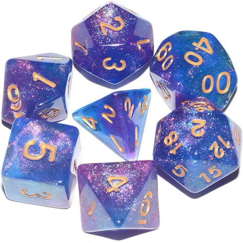 Dados DND Galaxy de 7 piezas, con purpurina cósmica, morado y azul, mezcla de dados DND poliédricos para RPG MTG