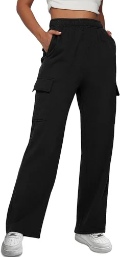 Trendy Queen Pantalones deportivos tipo cargo para mujer, pierna ancha, holgados, de forro polar, de cintura alta, pantalones deportivos con