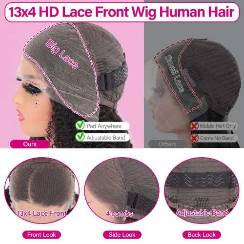 Miniatura 4 de UCUVIC Peluca Bob rizada de cabello humano 13x4, peluca de encaje frontal de alta definición, peluca frontal recta de 180% de densidad, para mujeres