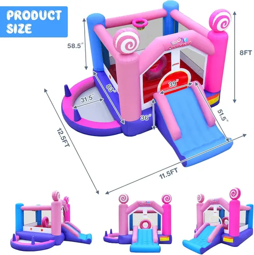 Miniatura 7 de OLAKIDS Inflatable Bounce House, Kids Pink Jumping Castle with Slide, Ball Pit, Climbing Wall, Basketball Rim, Indoor Outdoor Inflatable Obstacle