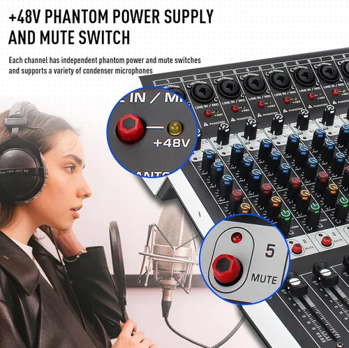 Miniatura 5 de Consola de mezclador de sonido profesional de 8 canales, 99 bits DSP, procesador digital de 99 bits, USB, Bluetooth, MP3 para entrada de grabación