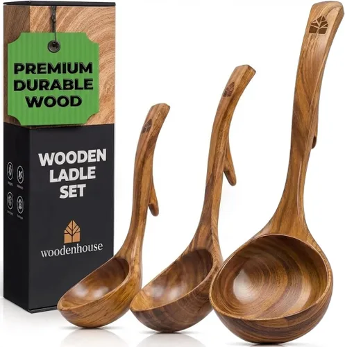 Miniatura 9 de Cucharón de madera para cocinar, cuchara de sopa - Cuchara de madera de teca, mango de 12.4 pulgadas, tamaño mediano de 2 onzas, ecológico, natural