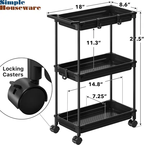 Miniatura 3 de SimpleHouseware Carrito de almacenamiento delgado de 3 niveles, negro