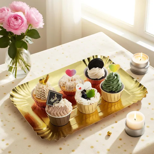 Miniatura 5 de 10 piezas de bandejas rectangulares doradas, de papel de cartón desechable resistente para platos, para elegante mesa de postres, exhibición