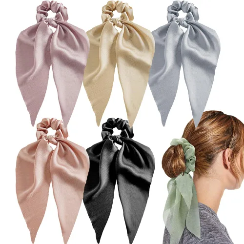 Miniatura 6 de Coleteros de gasa beige y negro con lazos, cintas para el pelo y soportes para cola de caballo para mujeres y niñas (a cuadros, flores, 4 unidades)