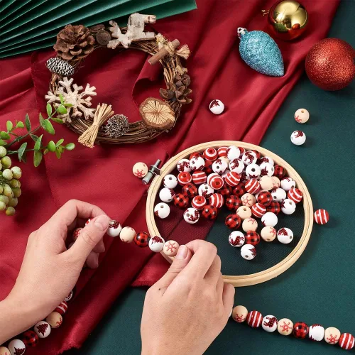 Miniatura 5 de 100 cuentas de madera de Navidad, árbol de Navidad, ciervos, copos de nieve, cuentas de madera natural, cuentas de madera rústica de 0.591-0.650 in